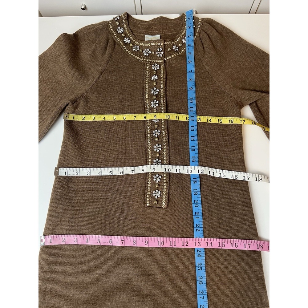 Tracy Reese Beautiful Beaded  Brown Wool Wide Sleeve Shift Dress Small Damaged - Picture 13 of 14